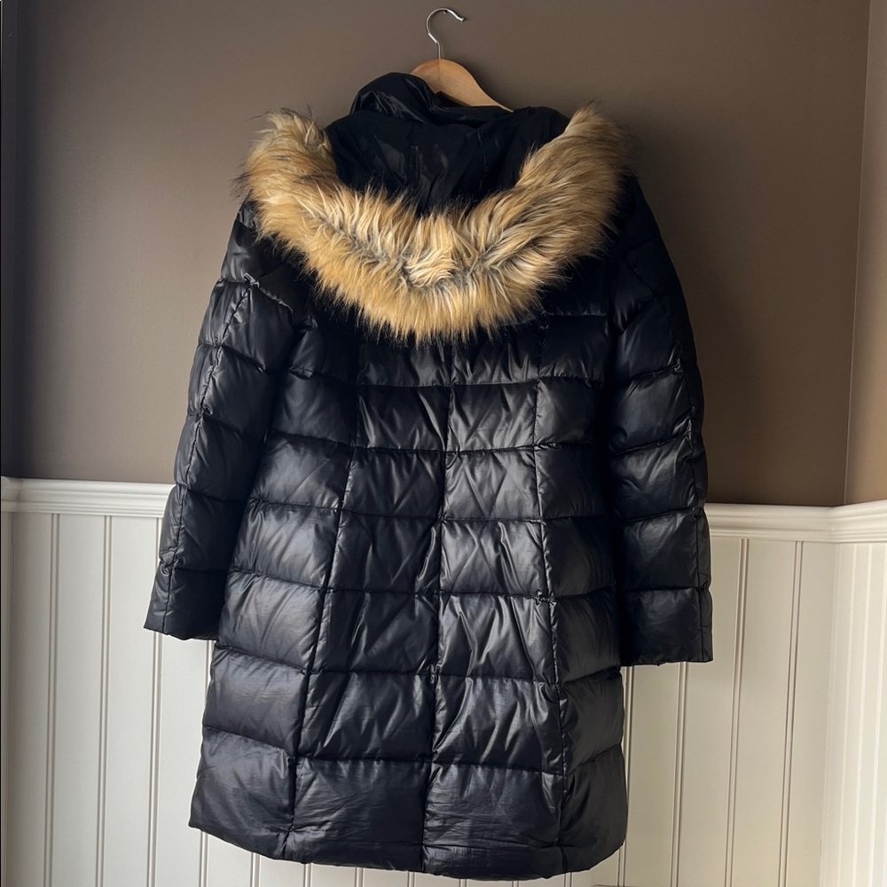 KATE SPADE Black Puffer Coat with Removable Faux Fur Trim Hood Size Large